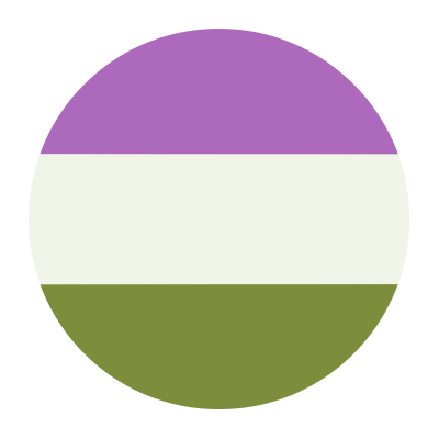 a circle with the stripes of the genderqueer pride flag - purple, white, green - on it.
